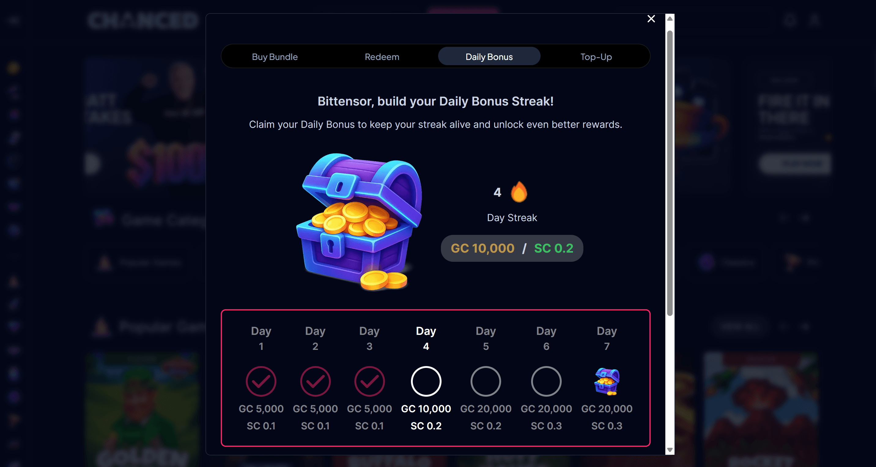 Chanced daily bonus claim screen — 0.10 to 0.30 SC per day for logging in, our test account