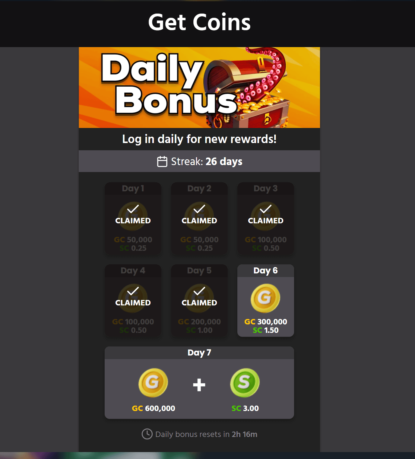 Chumba Casino 7-day login streak bonus screen — 1 SC per day, 7 SC total per week