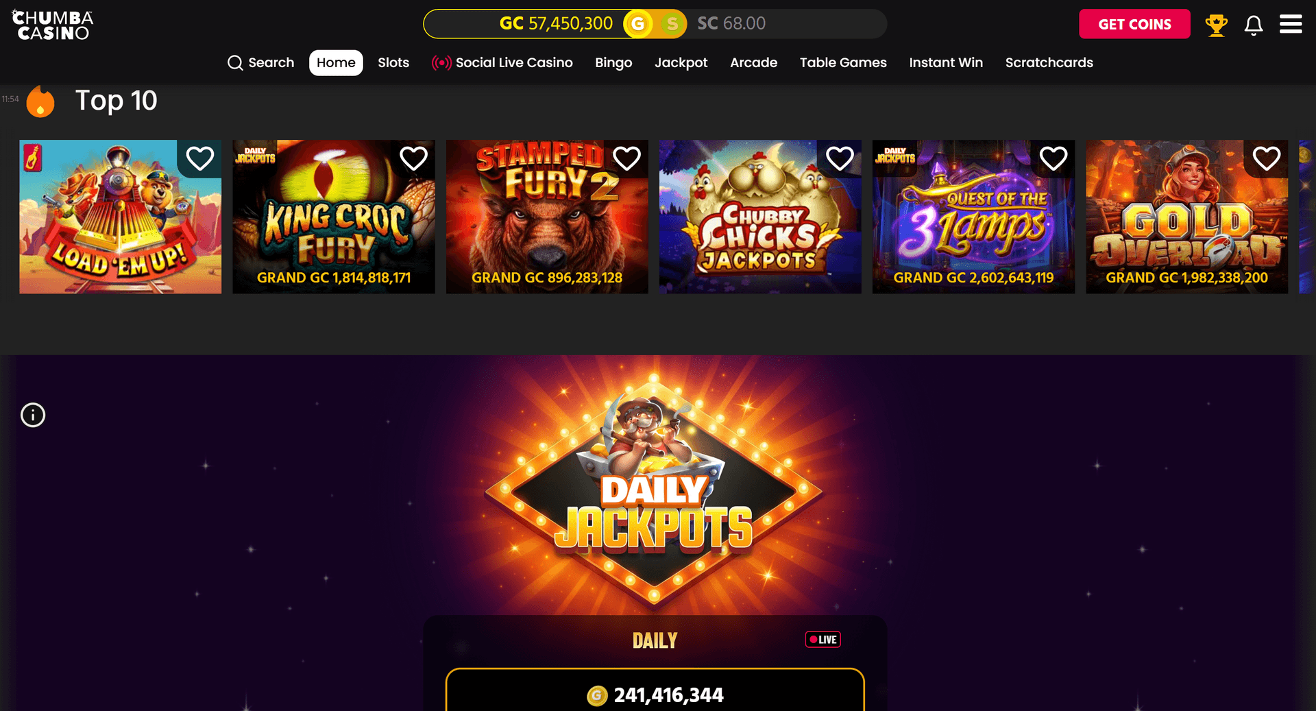 Chumba Casino homepage showing top 10 featured slots and the main game lobby — Chumba daily bonus automation via Sweeps Farmer starts here