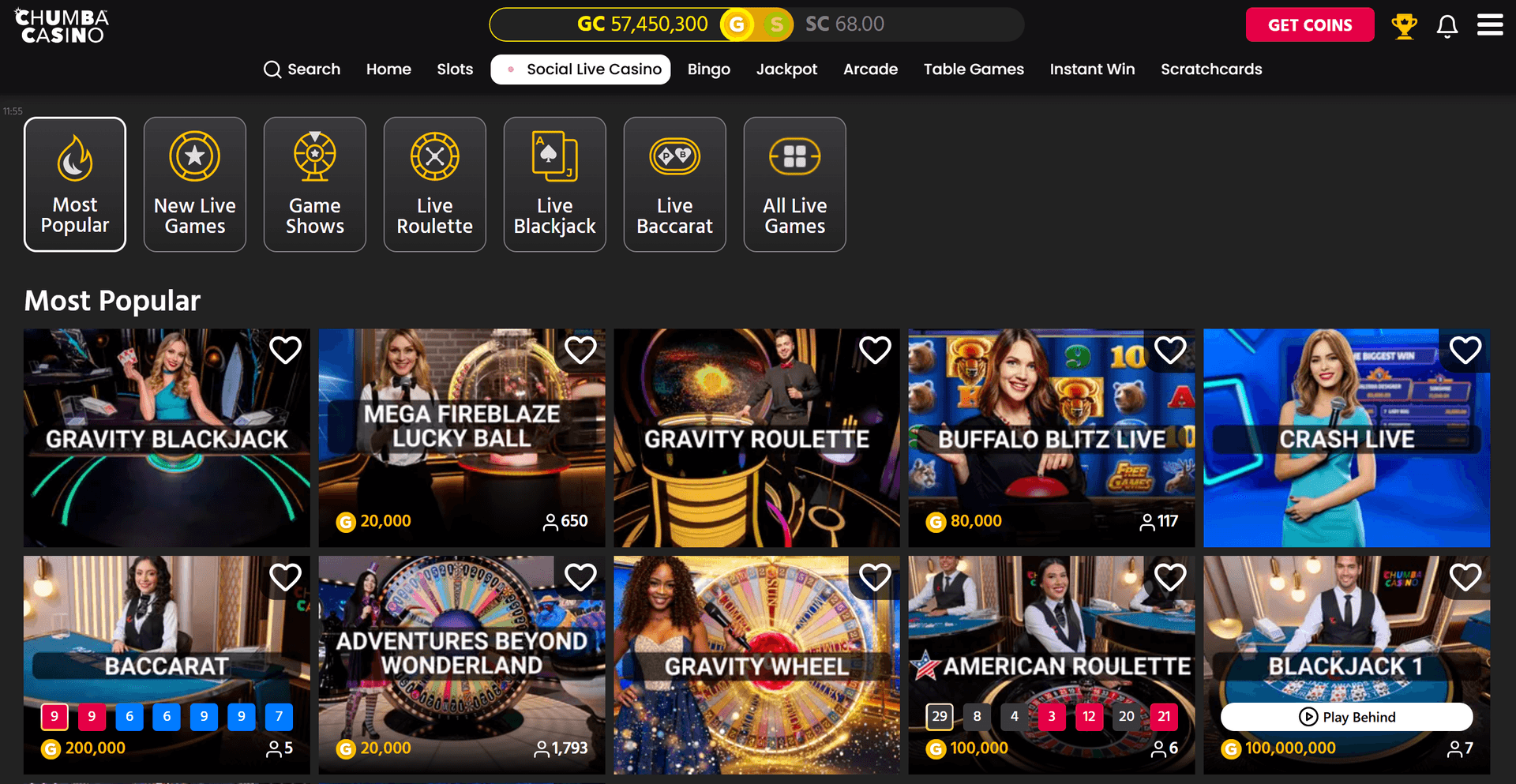 Chumba Casino live dealer section with live blackjack and roulette tables — funds earned through Chumba daily bonus automation