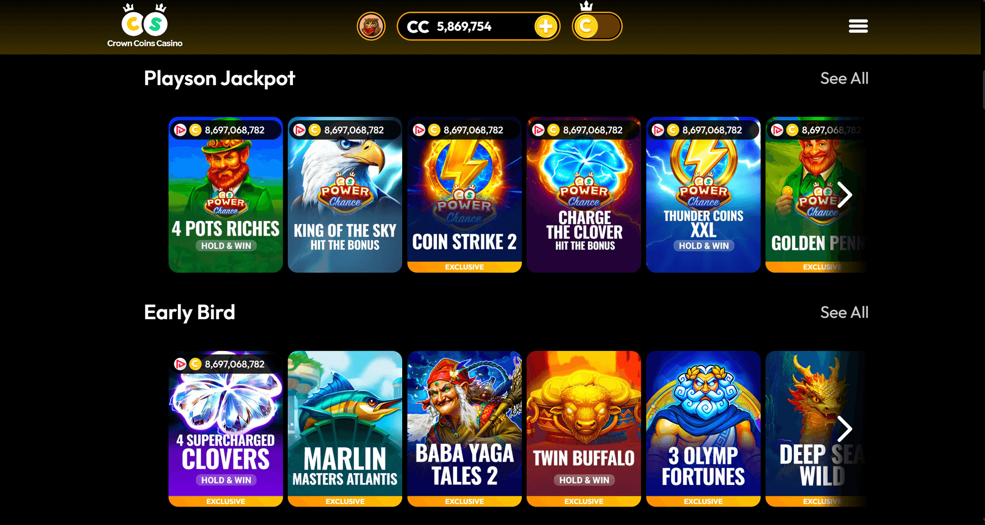 Crown Coins Casino lobby showing Playson Jackpot section with slots including 4 Pots Riches, King of the Sky, Coin Strike 2, Charge the Clover, Thunder Coins XXL, and Early Bird section with 4 Supercharged Clovers, Marlin Masters Atlantis, Baba Yaga Tales 2, Twin Buffalo, and 3 Olymp Fortunes