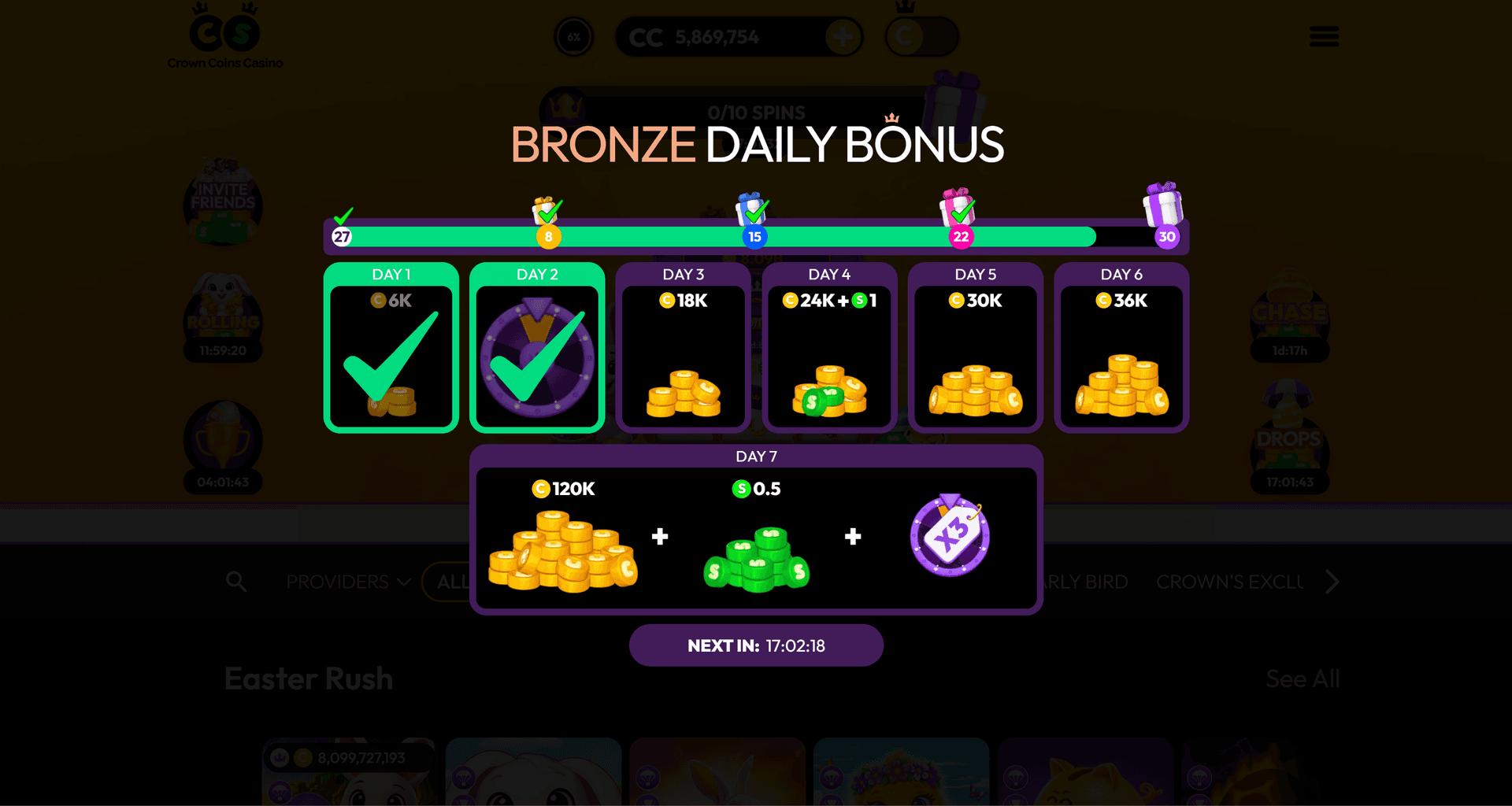 Crown Coins Casino Bronze Daily Bonus screen showing a 7-day streak calendar: Day 1 (6K GC) and Day 2 collected, Day 3 (18K), Day 4 (24K + 1 SC), Day 5 (30K), Day 6 (36K), and Day 7 bonus of 120K GC + 0.5 SC plus a bonus item — with Next In timer of 17:02:18