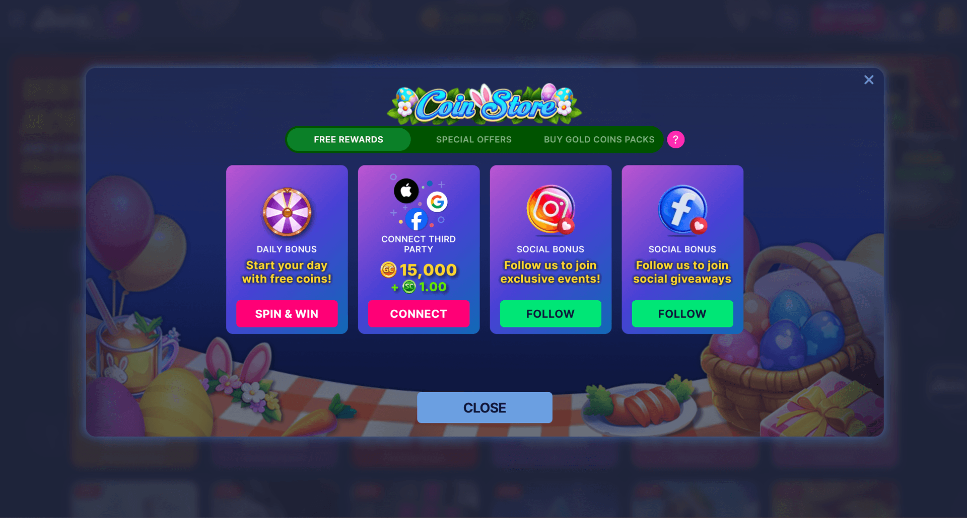 Dara Casino Coin Store Free Rewards tab showing Daily Bonus Spin & Win button, Connect Third Party for 15,000 GC + 1 SC, and social follow bonuses — all free with no purchase required