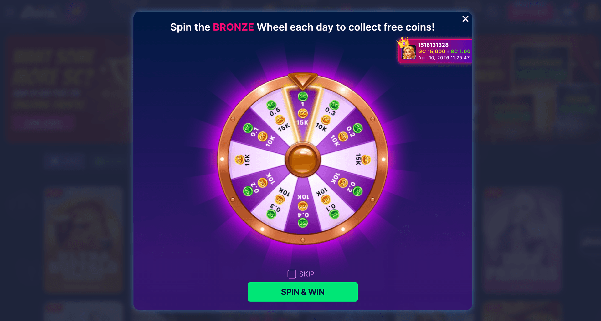 Dara Casino Bronze Wheel daily spin showing a purple glowing prize wheel with Gold Coin and Sweeps Coin segments ranging from 10K to 15K GC, with a Spin & Win button below