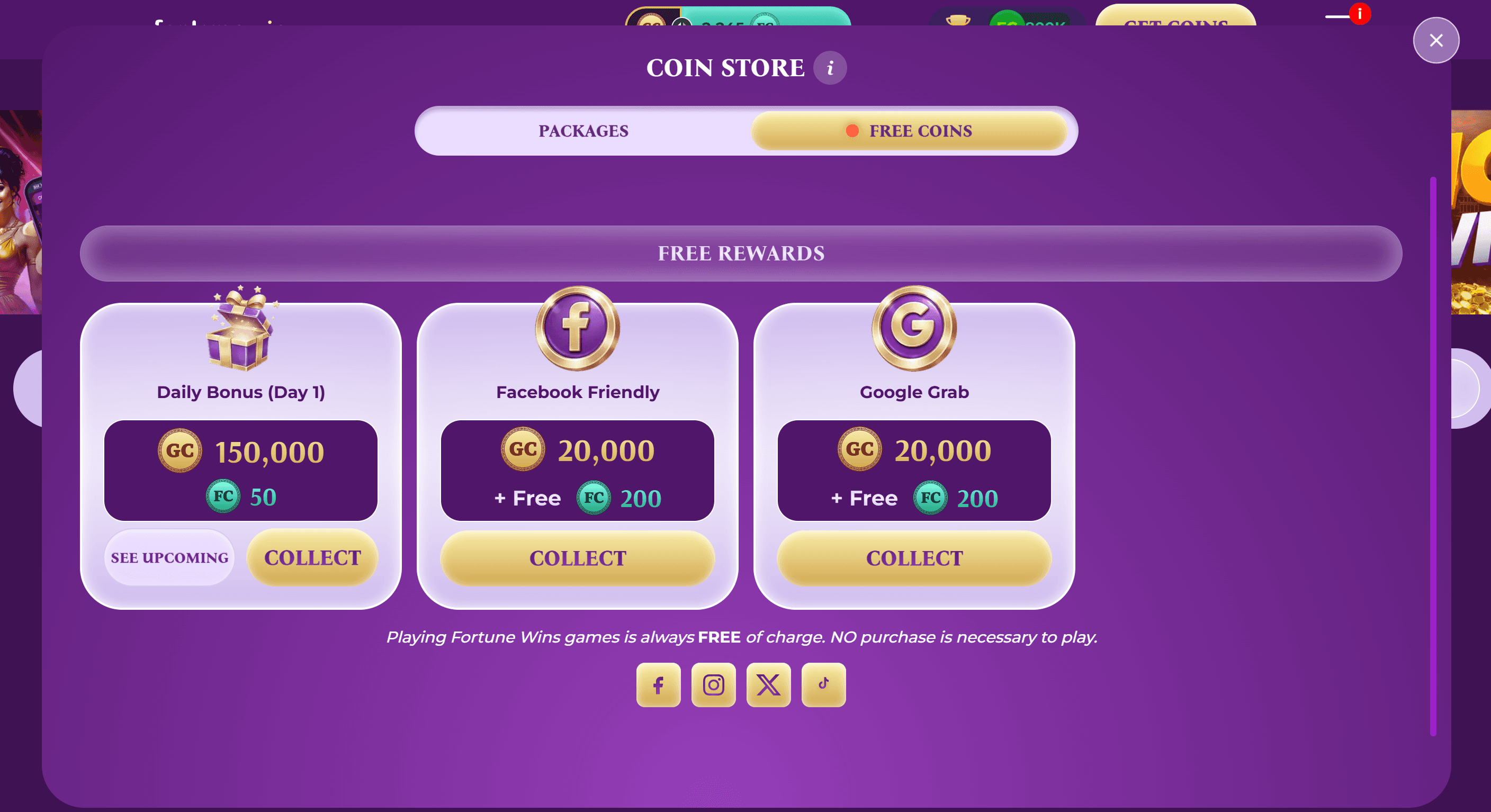 Fortune Wins daily free coins claim — daily reload + daily login bonus, 2,000+ games