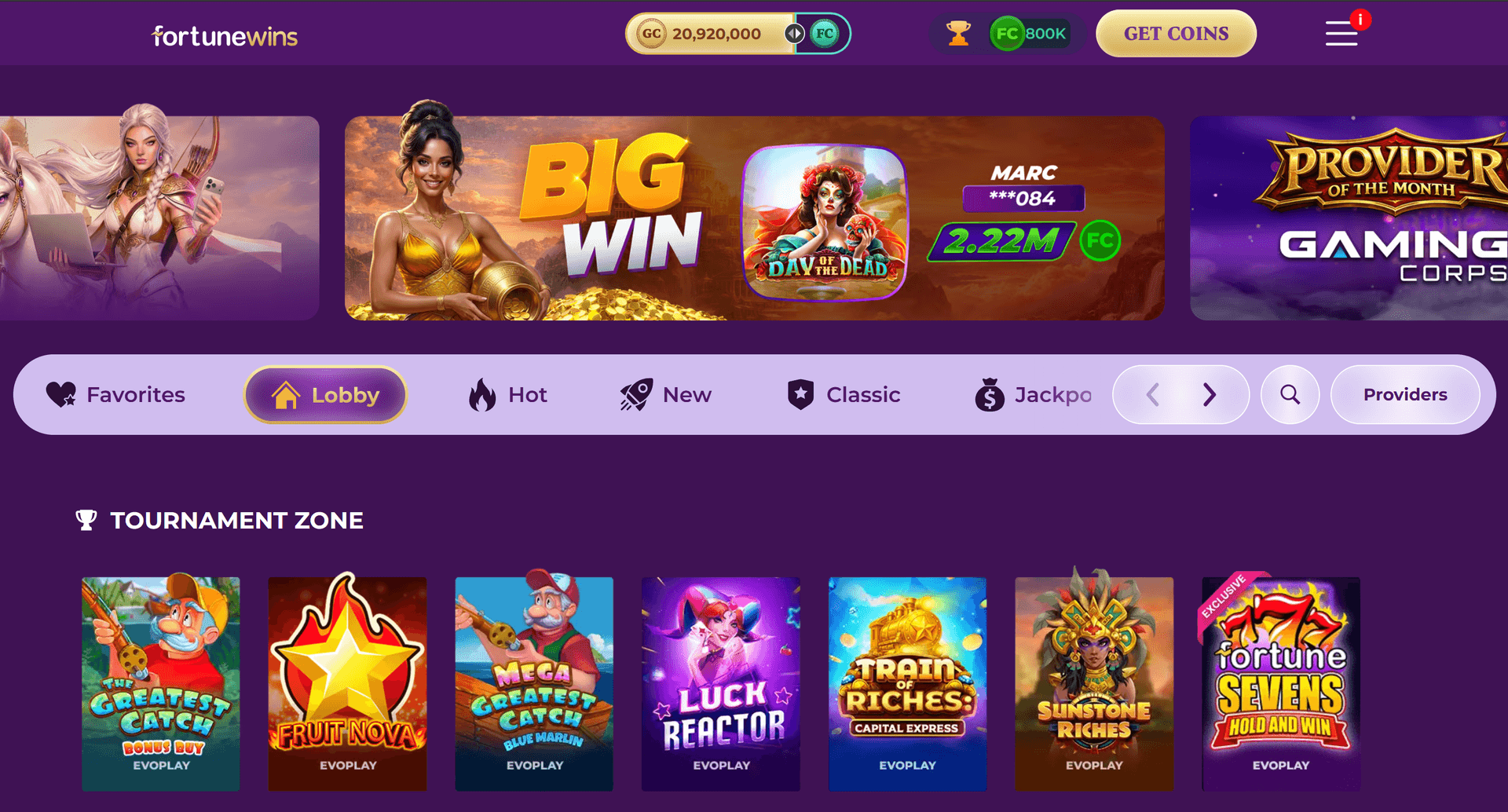Fortune Wins lobby showing the purple-themed game browser with Tournament Zone, EvoPlay slots, and navigation tabs for Lobby, Hot, New, Classic, and Jackpot games