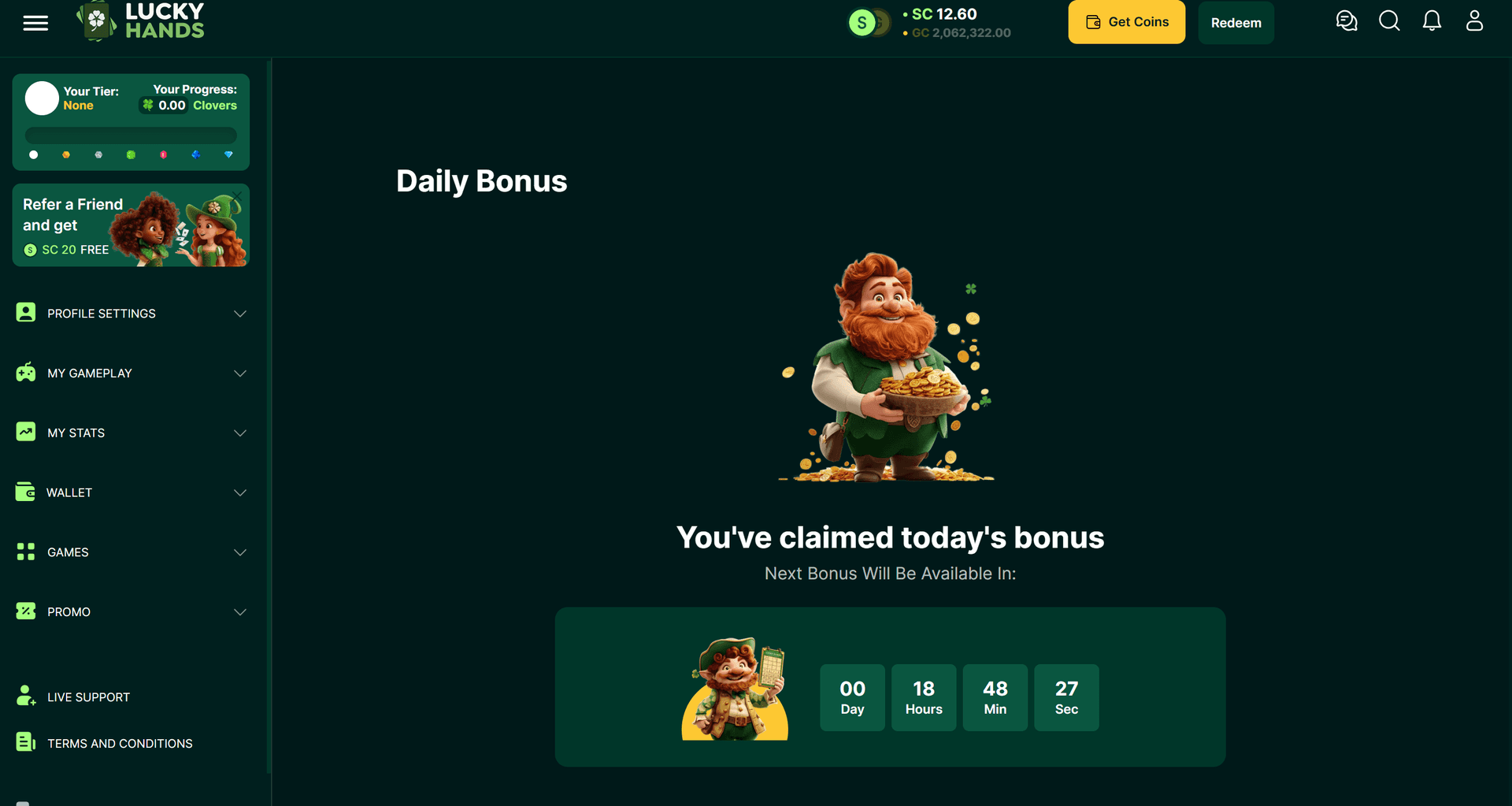 Lucky Hands Casino wallet showing daily login bonus of 10,000 GC + 0.1 SC and total coin balance