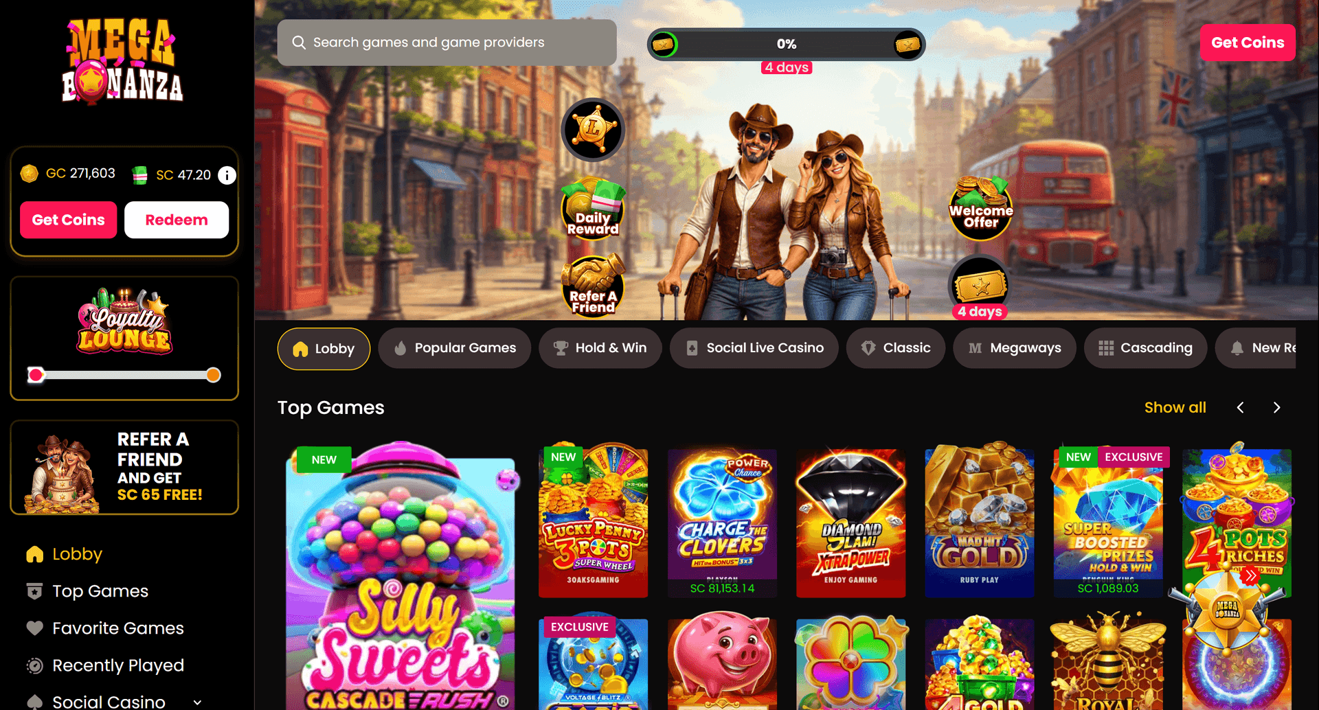 Mega Bonanza homepage showing the slot lobby with 800+ games from Pragmatic Play, BGaming, and other providers, including the Pragmatic Play jackpot network