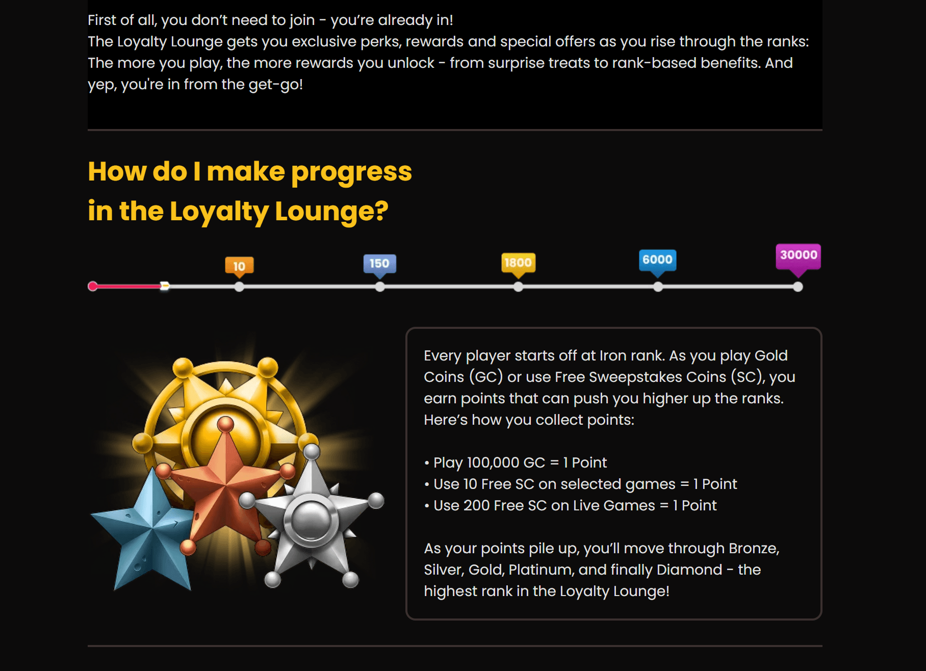 Mega Bonanza Loyalty Lounge VIP tier screen showing Bronze, Silver, Gold, Platinum, and Diamond tiers that scale up the daily login bonus