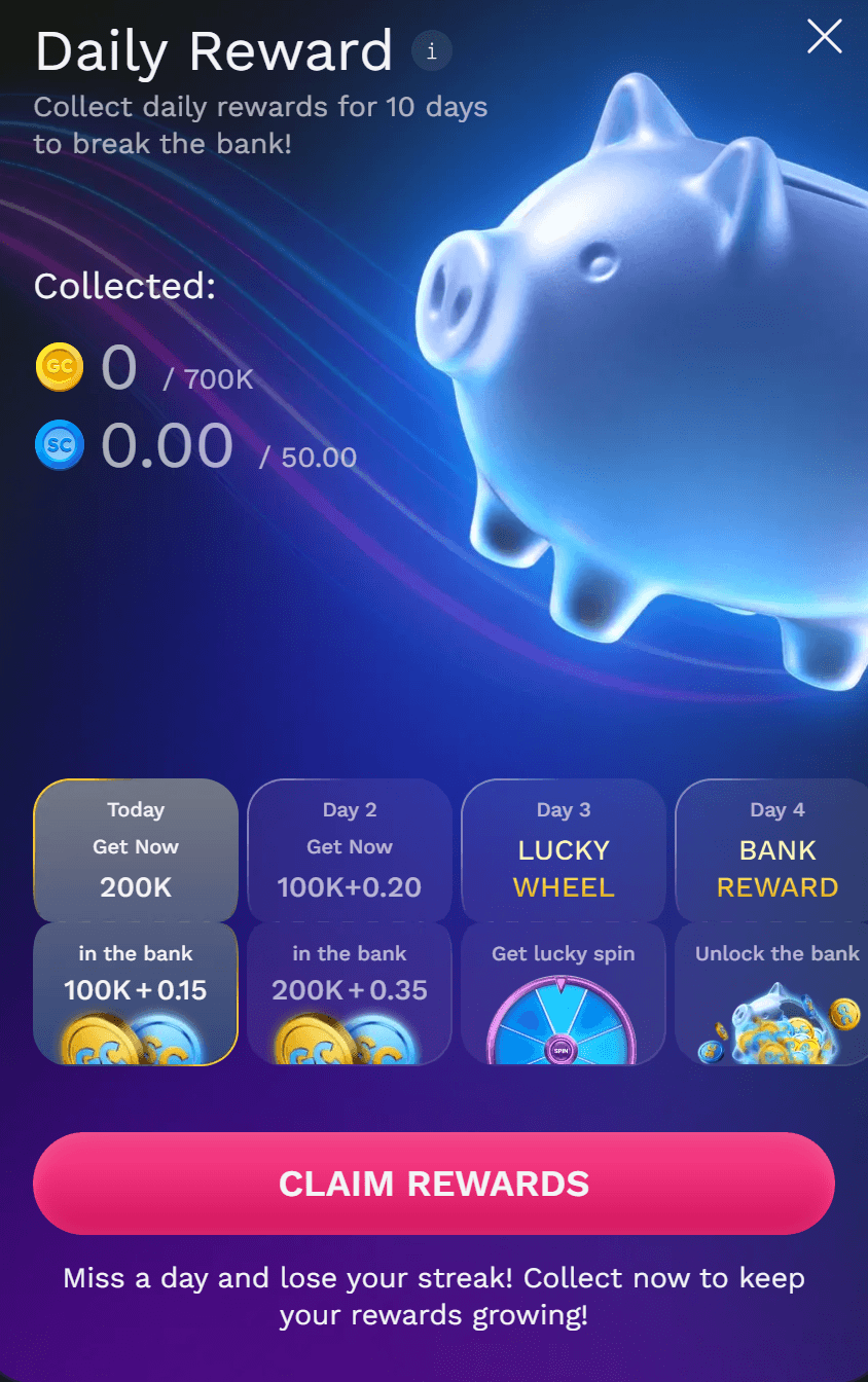 No Limit Coins daily SC login bonus claim screen, no purchase required