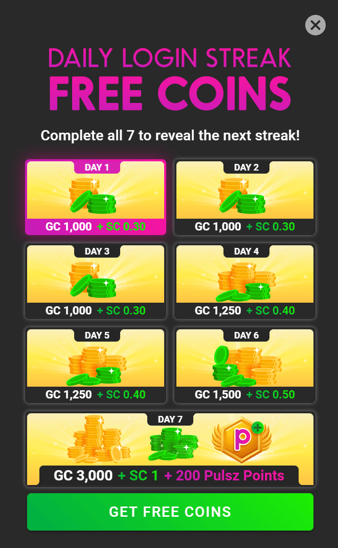 Pulsz daily bonus screen — daily GC + SC login reward, available in 36 states