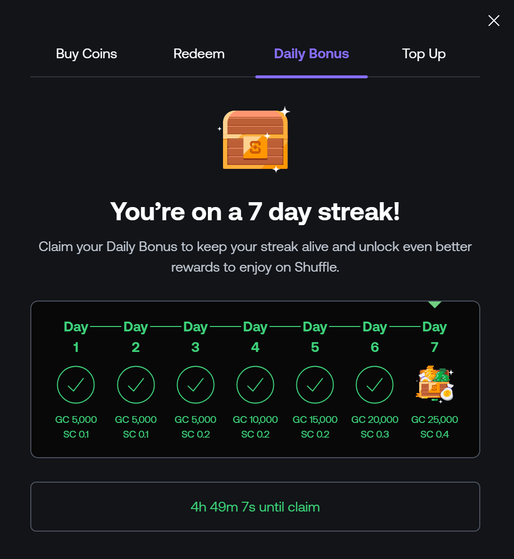 Shuffle daily login bonus screen — 15,000+ game library, sweepstakes alternative to Stake.us