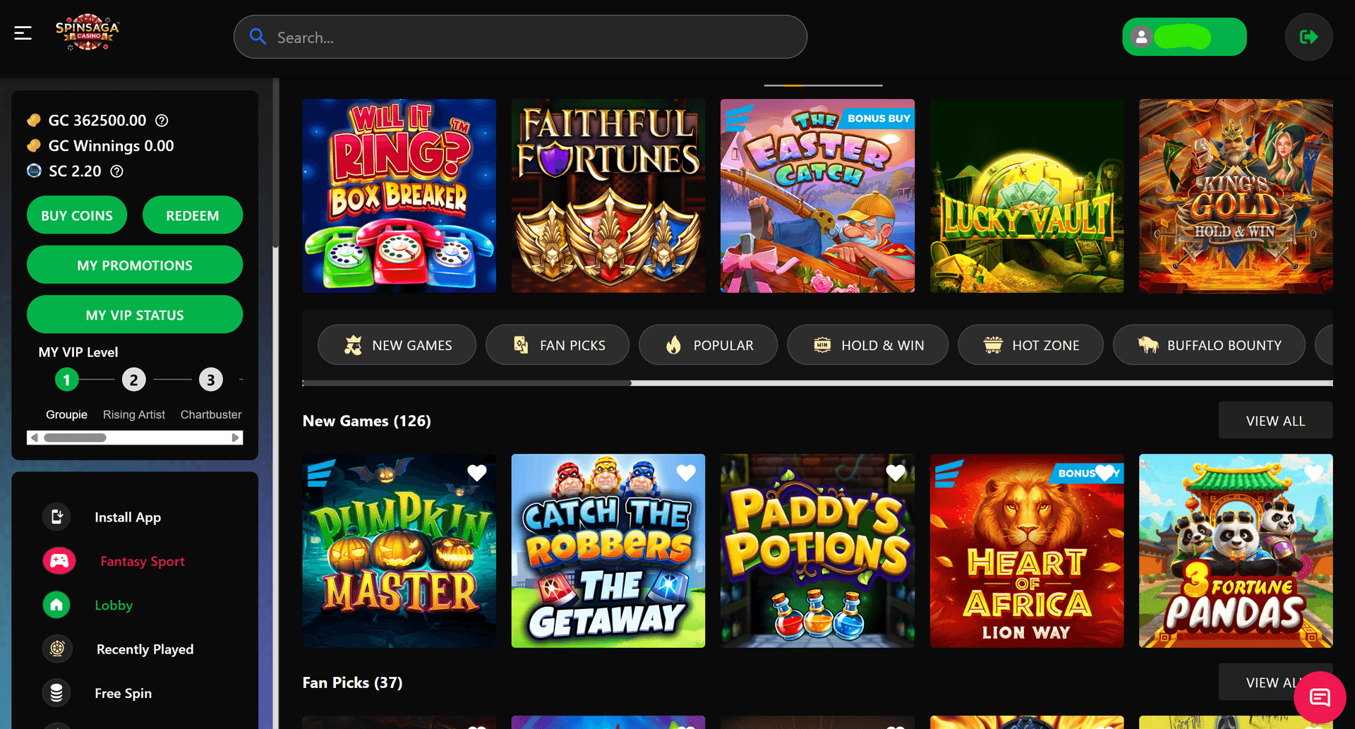 SpinSaga Casino homepage showing the curated slot lobby with around 60 hand-picked titles