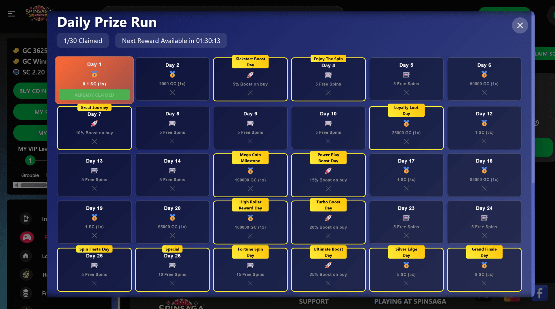 SpinSaga Casino wallet showing Saga Coins balance and daily calendar reward