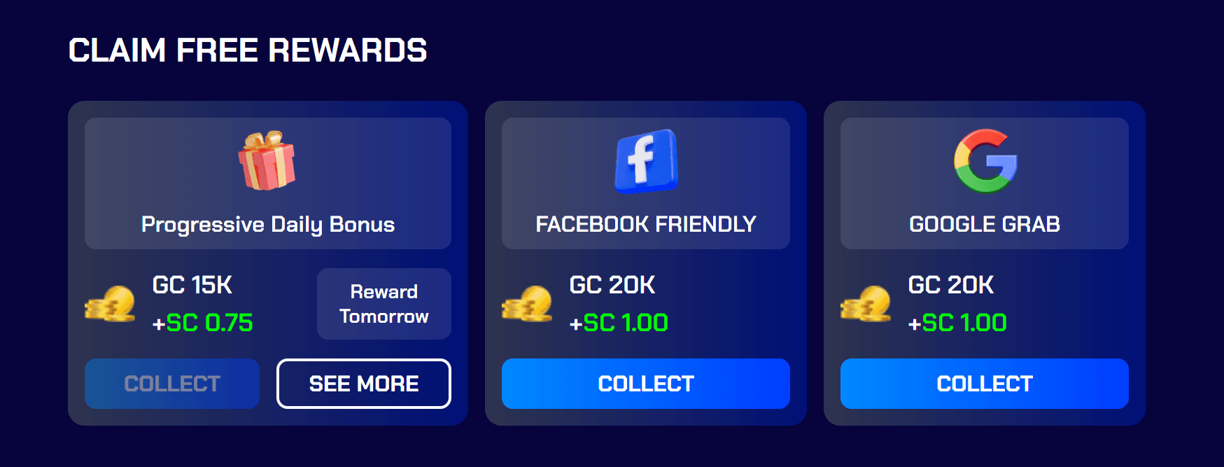 Sportzino daily SC claim screen — sports + casino sweepstakes platform, 7 SC sign-up bonus