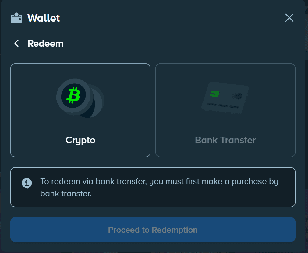 Stake.us redeem screen showing Crypto and Bank Transfer options — bank transfer requires a prior bank transfer purchase