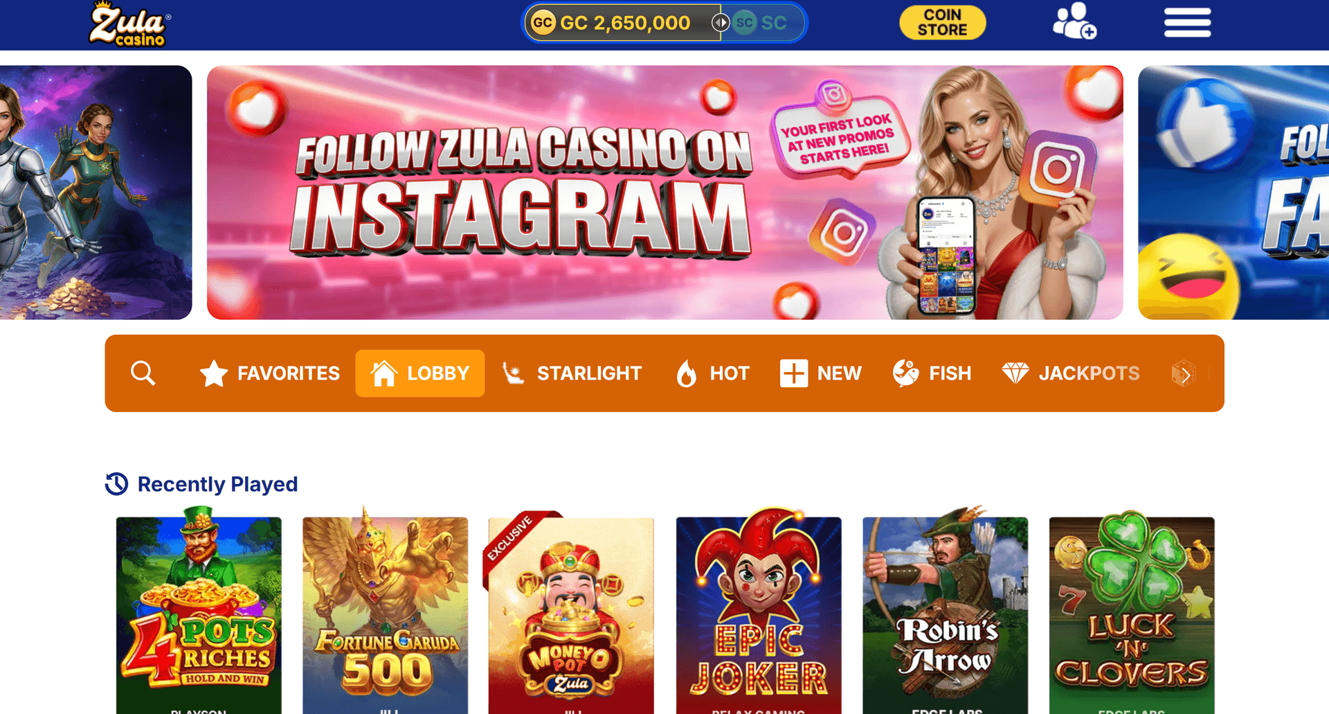 Zula Casino lobby showing the Favorites, Starlight, Hot, New, Fish, and Jackpots category tabs with a GC/SC toggle and Coin Store button in the header