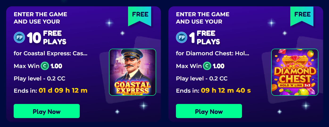 FunzCity daily free-play offers: two deals giving 10 free plays on Coastal Express and 1 free play on Diamond Chest, each with a 1 City Coin max win at a 0.2 CC play level