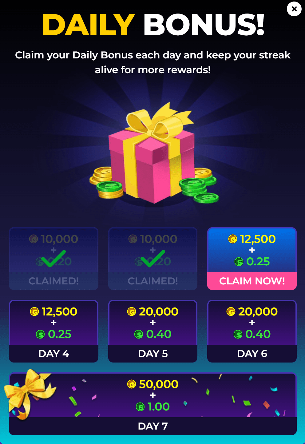 Golden Hearts Games daily bonus popup showing the 7-day streak calendar from 10,000 GC + 0.20 SC on Day 1 up to 50,000 GC + 1 SC on Day 7